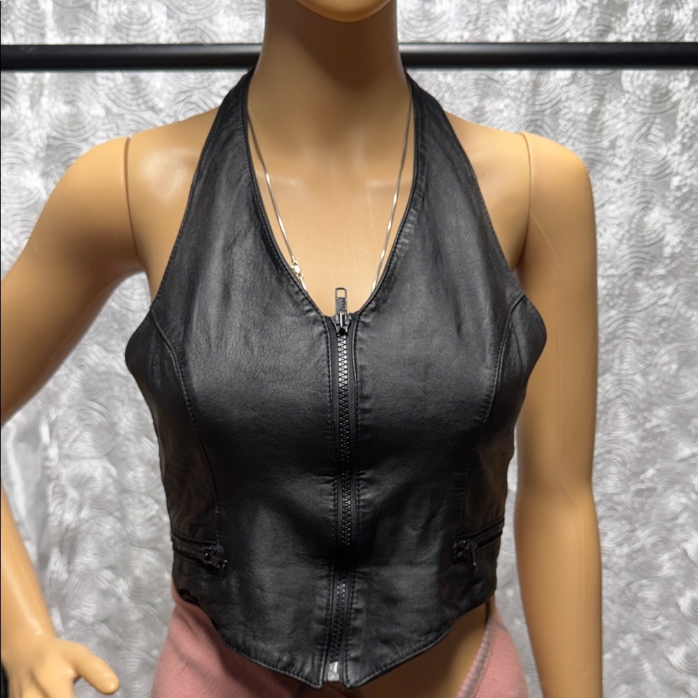 Wilsons Leather Black Leather Halter Crop Top
